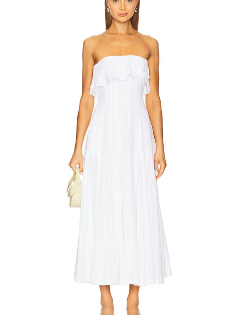 REVOLVE Strapless White Ruffle Maxi Dress